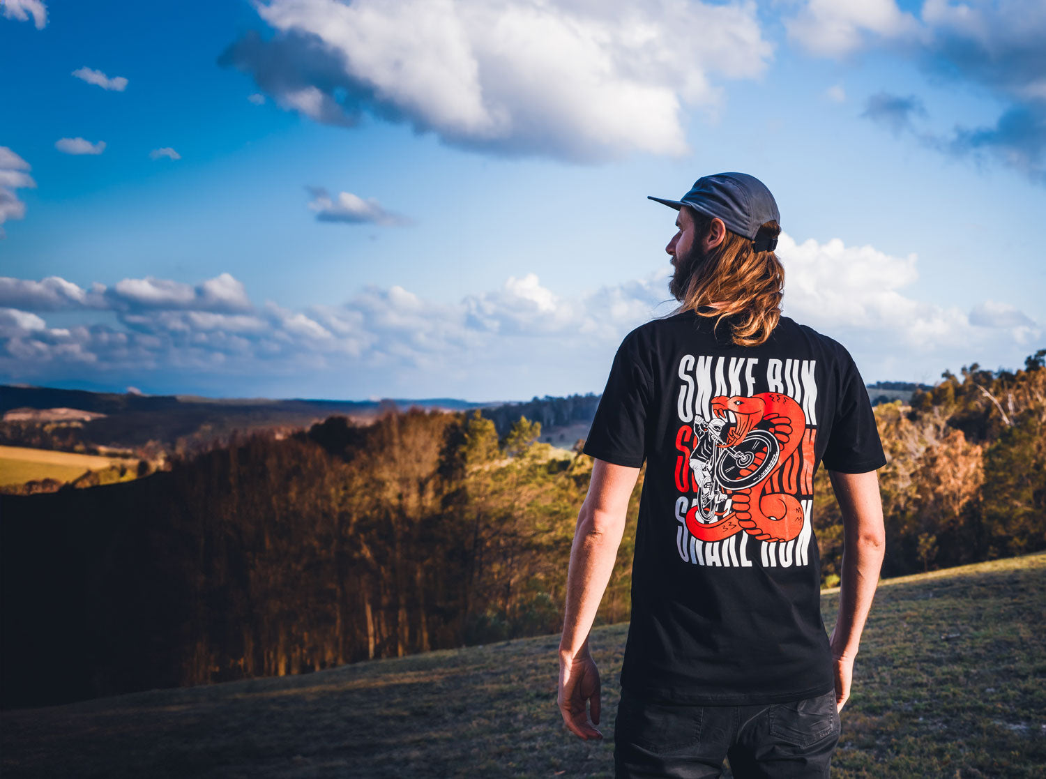 Luke from Cutlaps enjoying the view in his brand new Snake Run MTB t-shirt. 